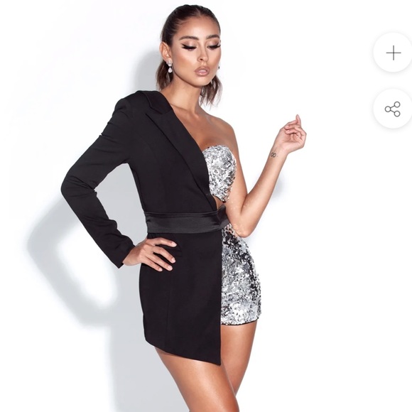 Sequin Black One Sleeve Blazer Romper - Picture 5 of 7